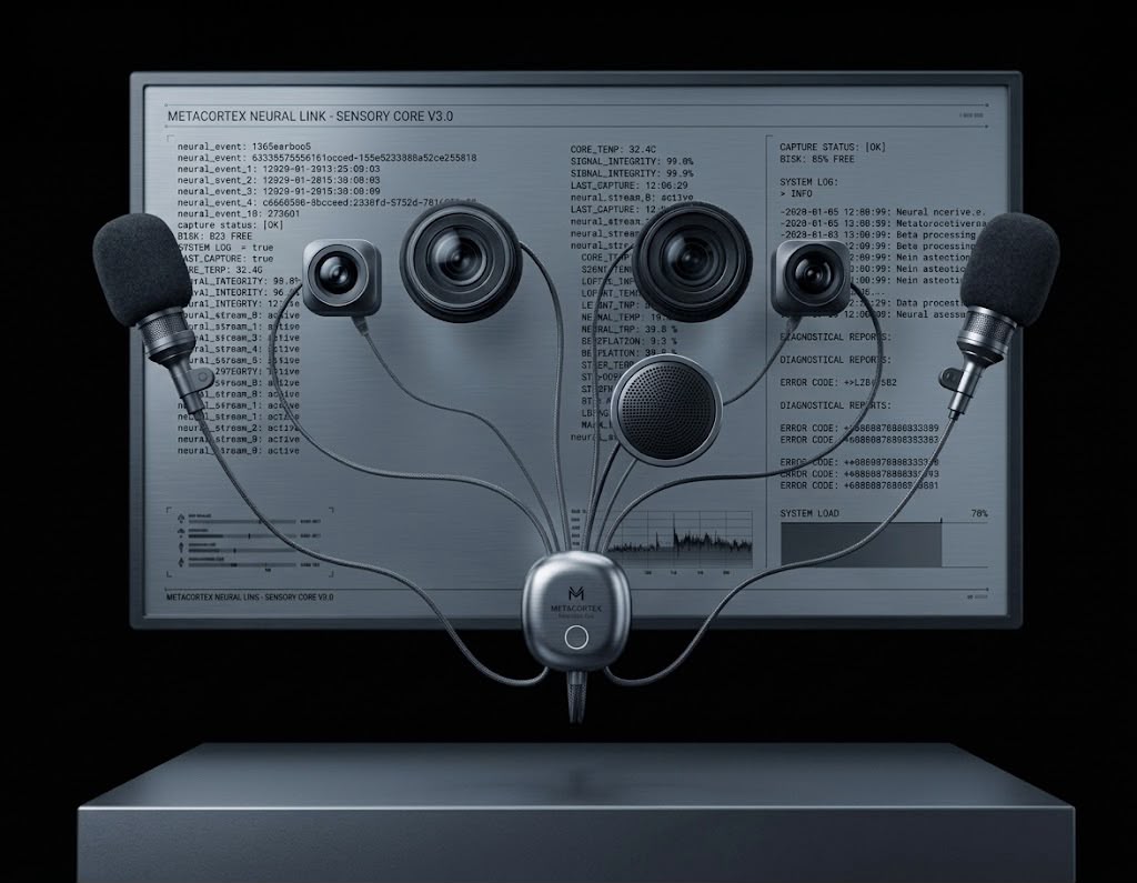 Representação conceitual de uma membrana sensorial com câmeras, microfones, tela e saída sonora.